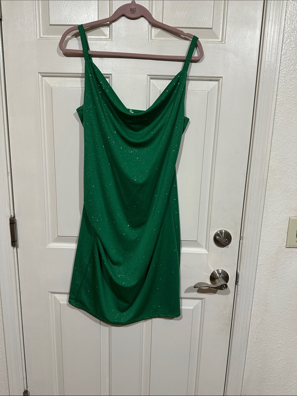 Emerald Sparkle Cowl Mini Dress with Adjustable Straps